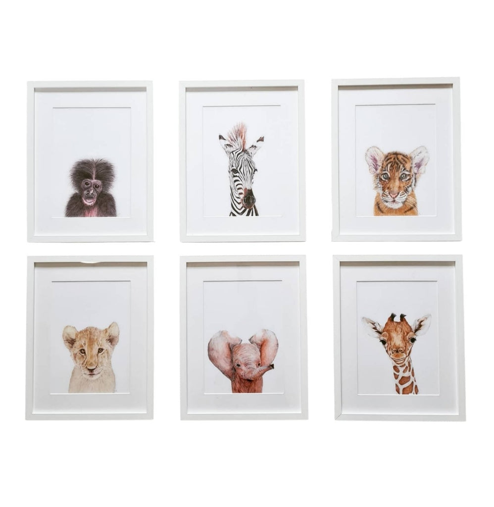 Set of 6 Framed Baby Animal Art Prints. (White frames)