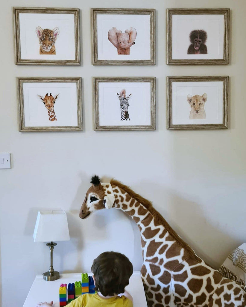 Set of 6 Framed Baby Animal Art Prints. (Wood frames)