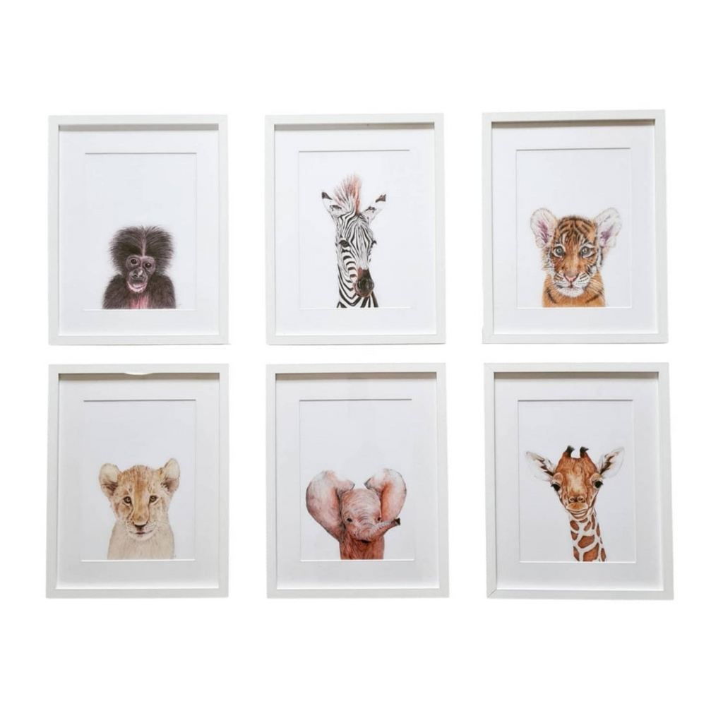 White framed baby animal art prints for babys room